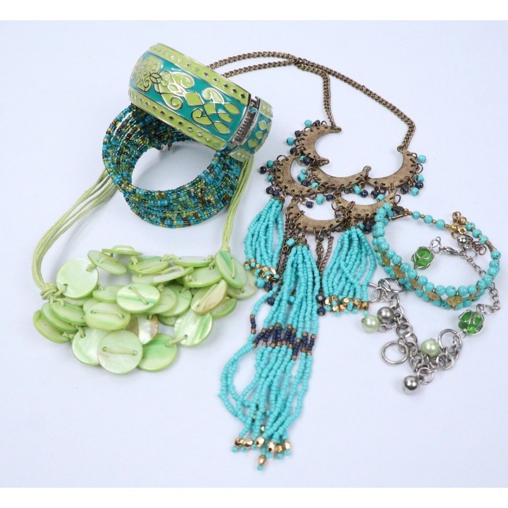 Bohemian Festival Ethnic Artisan Beaded Blue Green Tones Wearable Jewelry Mixed